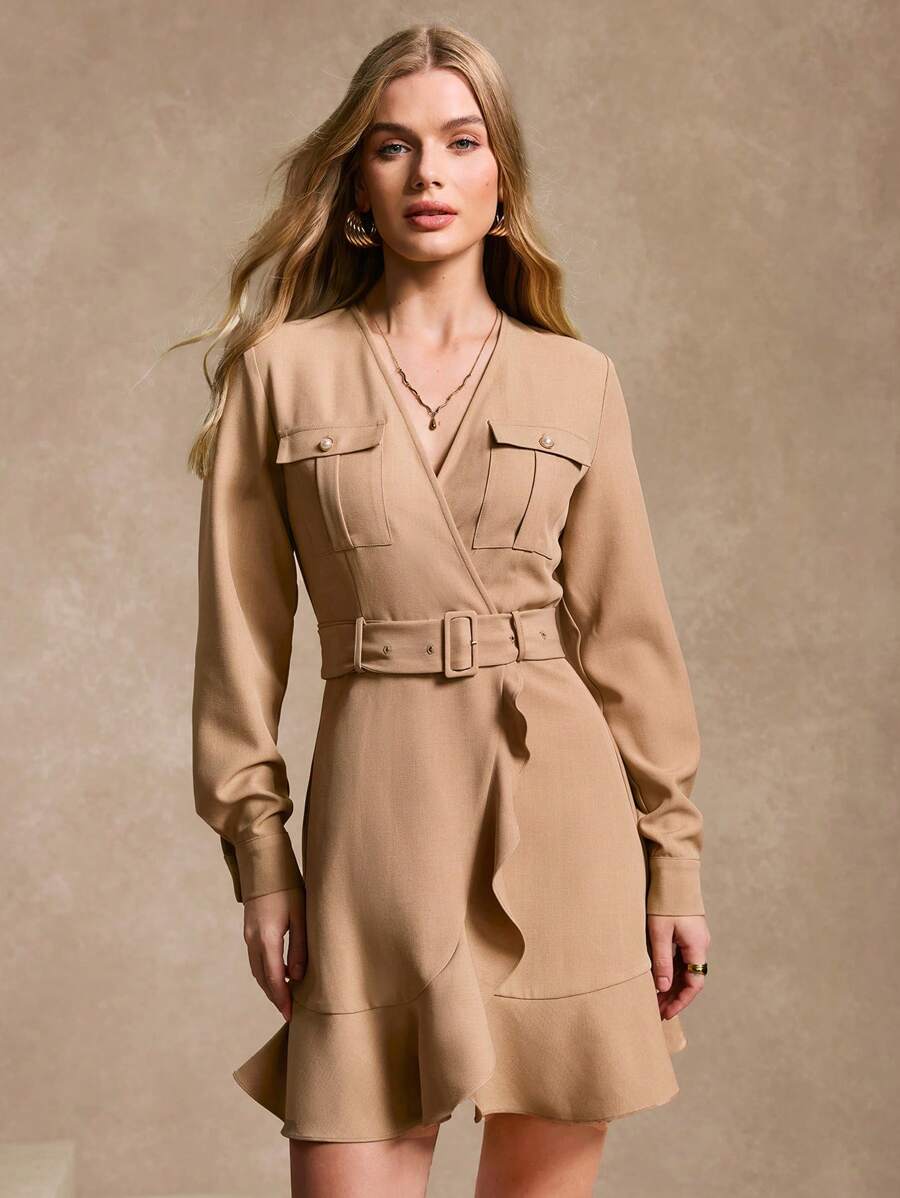 SHEIN Unity 女士秋季优雅纯色荷叶边下摆短款连衣裙 - 卡其色 - 查看 1