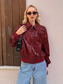 SHEIN EZwear Women's Autumn Snake Print Dropped Shoulder Long Sleeve Zipper Placket Fashion Jacket