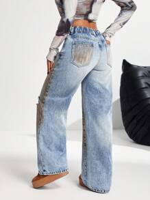 SHEIN PETITE Women's Casual Low Waist Loose Wide Leg Ripped Jeans, Blue - Medium Wash - View 2
