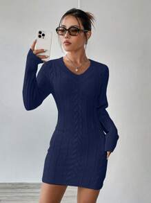 Flirla Vestido ceñido casual de unicolor con escote en V y manga larga, versátil para mujer