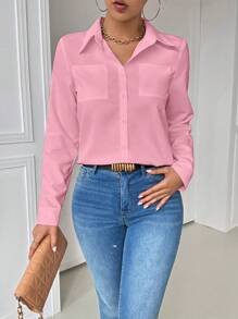 Airaco 休闲领口袋修身长袖女式衬衫 - 粉色 - 查看 6