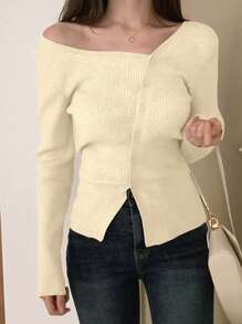 DAZY Women's Casual Solid Color Front Button Oblique Shoulder Cardigan, Spring/Autumn,Long Sleeve Tops,Fall Women Clothes - Apricot - View 4