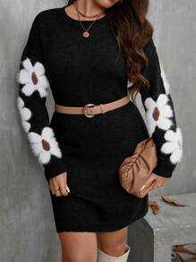 SHEIN Clasi Plus Size Casual Floral Pattern Fitted Sweater Dress, Autumn/Winter Fall Cloth For Women - Black - View 1