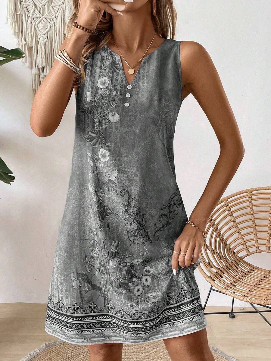 SHEIN LUNE 女士夏季復古印花無袖度假連衣裙 - 灰色 - 查看 1