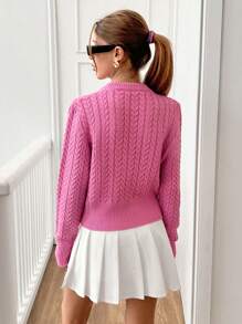 EURMUSE Women Round Neck 3d Ribbon Detailed Cute Textured Sweater Pullover - Hot Pink - View 2