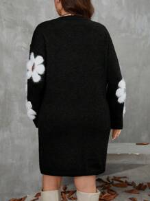 SHEIN Clasi Plus Size Casual Floral Pattern Fitted Sweater Dress, Autumn/Winter Fall Cloth For Women - Black - View 2