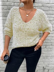 Calvaya Suéter holgado de punto con cuello en V y pelaje para mujer de talla grande, versátil para otoño/invierno - Caqui - Ver 4