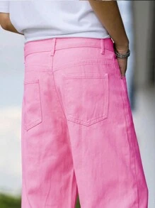 Manfinity Homme Men's Casual Solid Color Straight Leg Jeans - Pink - View 6