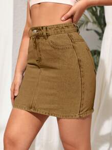 SHEIN Essnce Casual Washed Vintage Slim Fit Denim Mini Skirt - Yellow - View 5