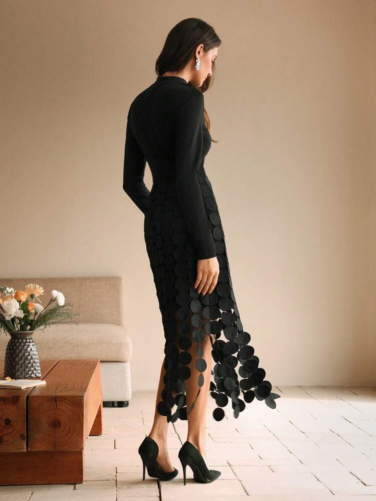 Women Lace Trim Long Sleeve Knit Dress