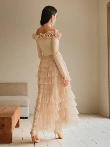 Anewsta Off-Shoulder Long Sleeve Floral Elastic Waist Splicing Mesh Flared Dress For Women Maxi Women Outfit - Pink - View 7