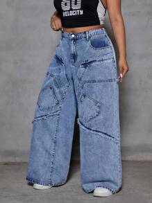 SHEIN ICON Pantalones vaqueros casuales, holgados y versátiles con bolsillos para mujer en tallas grandes