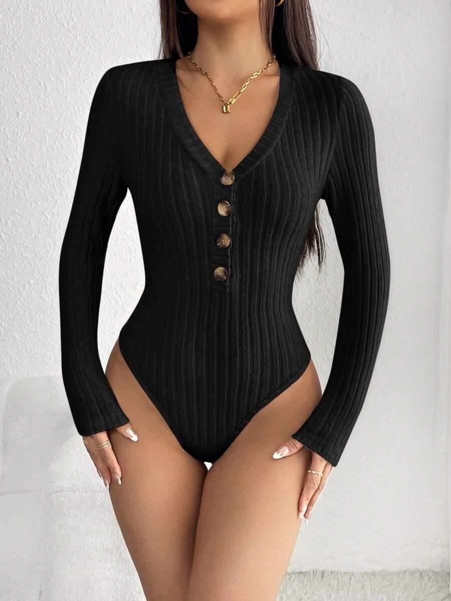 SHEIN Essnce 大码女式秋冬时尚休闲舒适修身 V 领长袖前扣紧身衣， - 黑色 - 查看 1