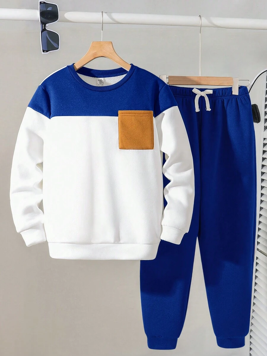 SHEIN Leap Crew 2 件套青少年男孩休闲撞色圆领运动衫和军绿色运动裤套装，适合秋冬季，保暖，学校，家居，日常穿着，运动，生日派对，百搭简约羊毛 - 寶藍色 - 查看 1