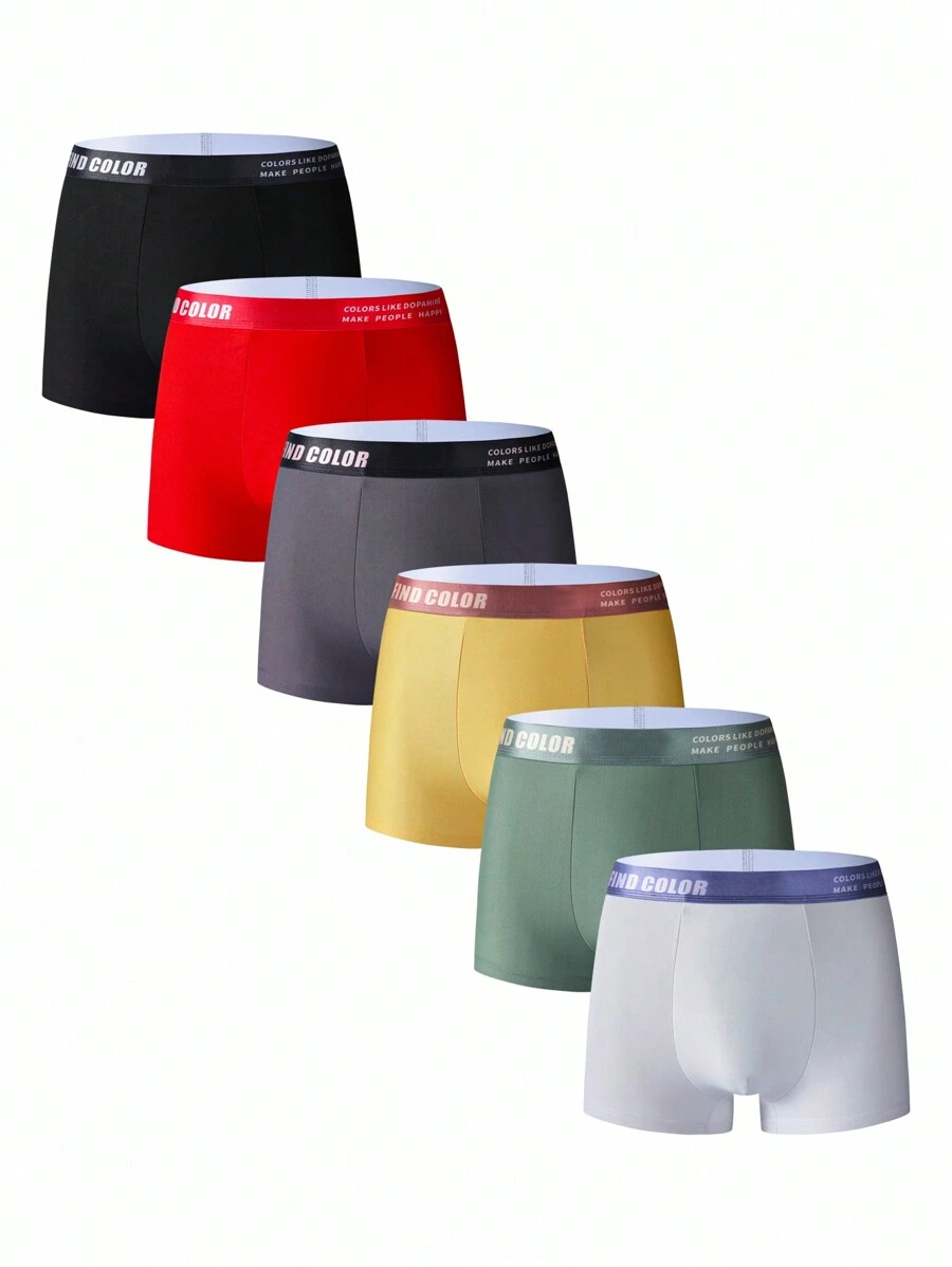 6 Pcs Set, Men Plain & Letter Print Mix Casual Boxer Briefs - Multicolor - View 1