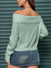 SHEIN Unity Casual Minimalist Off Shoulder Solid Color Sweater, Autumn/Winter Knit Pullover Fall - Green - View 2