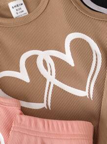 SHEIN Playful Pals Conjunto deportivo de 2 piezas para bebé niña con top sin mangas con estampado de corazón de tejido acanalado y pantalones sueltos de cintura elástica para primavera, estilo casual y deportivo - Multicolor - Ver 4