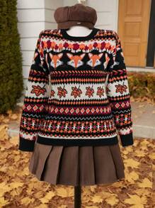 Flirla Suéter de cuello redondo con caída de hombros, con estampado de zorro y hojas, talla grande, para otoño e invierno