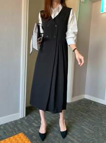 DAZY Vestido elegante de mujer con cuello en V sin mangas y botones, y chaleco, ropa de otoño