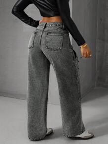 SHEIN ICON Women's Pocket Eye-Catching Tie-Up Wide Leg Loose Casual Versatile Jeans - Black - View 2