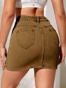 SHEIN Essnce Casual Washed Vintage Slim Fit Denim Mini Skirt - Yellow - View 2