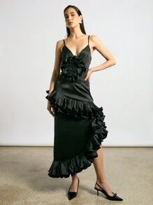 AiiRZ Boho Plunge Neck Ruffle Hem Maxi Dress With Corsage