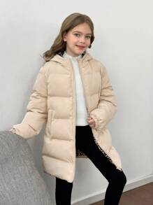 SHEIN Tween Girl 休闲连帽几何文字印花加厚保暖内衬长款夹克 - 卡其色 - 查看 4