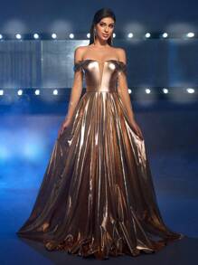 Glamrae Elegant Champagne Metallic Off-Shoulder Long Sleeve Luxury Rhinestone Decor A-Line Dress, Adjustable Waist Tie, Suitable For Formal/Evening Occasions - Champagne - View 7