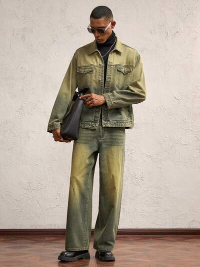 Oversized Casual Woven Denim Jacket With Revere Collar And Ombre Wash, Suitable For Autumn