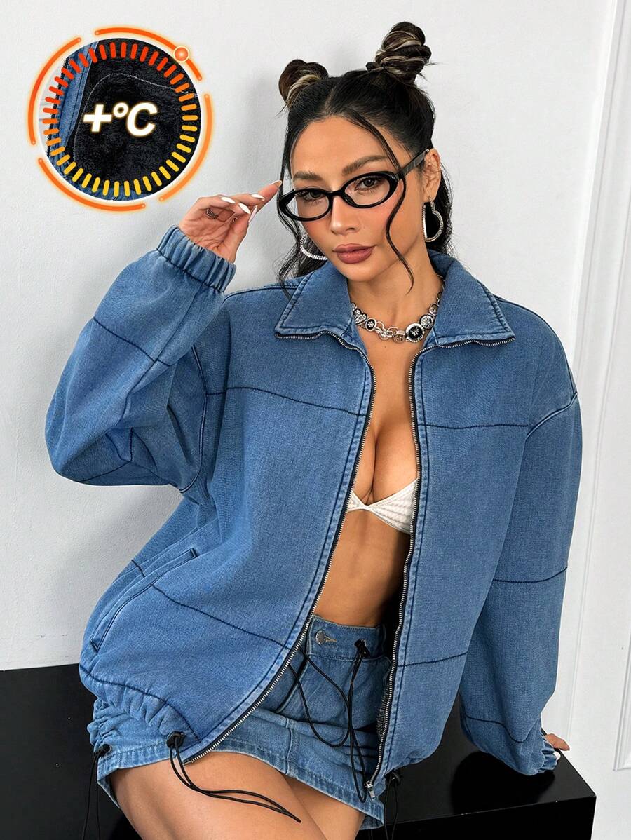 SHEIN EZwear 女士前拉链长袖纯色牛仔外套，休闲日常穿着保暖圣诞节女士感恩节女士加厚牛仔外套 - 藍色 - 查看 1