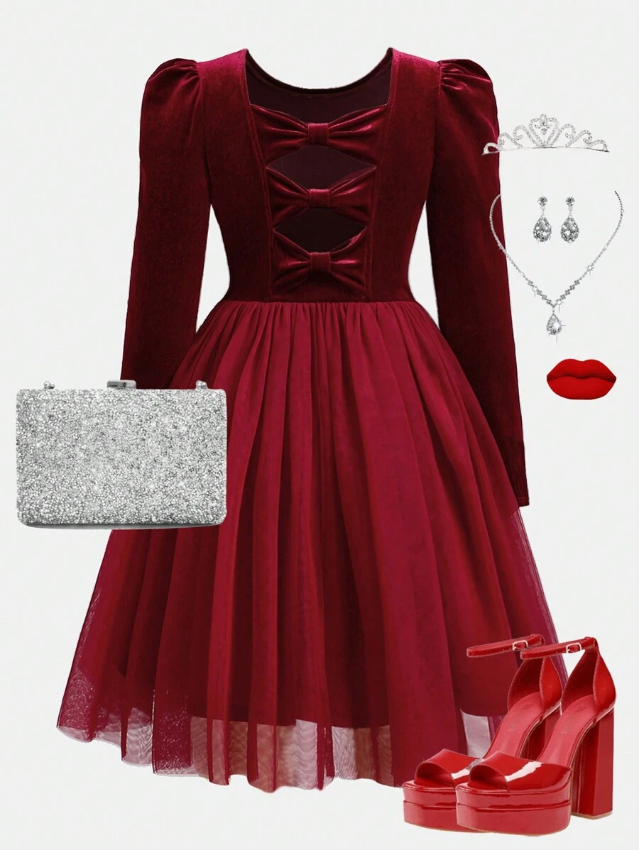 SHEIN Girlism 少女心勃勃/秋冬/优雅甜美/派对节/圣诞节/针织绒/羊腿长袖/后背蝴蝶结/拼接网纱红色连衣裙套装