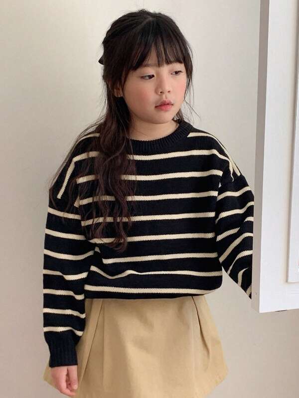 DAZY Jersey de punto oversize con cuello redondo y rayas para niña preadolescente, ropa para otoño y vuelta al colegio