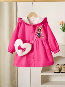 SHEIN Girls' Winter Warm Hooded Jacket,Thickened Long With Frill Edging,Cute Bear Print,Heart-Shaped Backpack,Career Day,Suitable For Daily Wear - Hot Pink - View 3