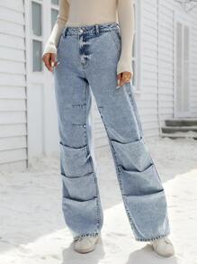 SHEIN LUNE Jeans rectos de cintura baja de unicolor y pliegues, de uso versátil y casual - Lavado ligero - Ver 4