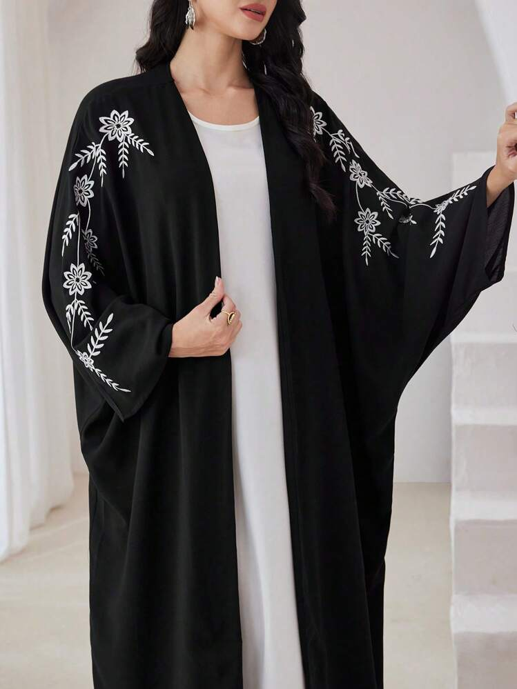 عبايه طويلة الأكمام مطرزة بزهور أنيقة قطعة واحدة، جلابيات بسيطة موديسة مفتوحة، للاستخدام اليومي والحفلات