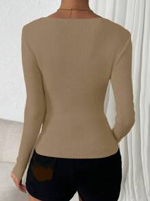 Chiquease Suéter de punto ajustado de unicolor casual para otoño/invierno - Camel - Ver 2