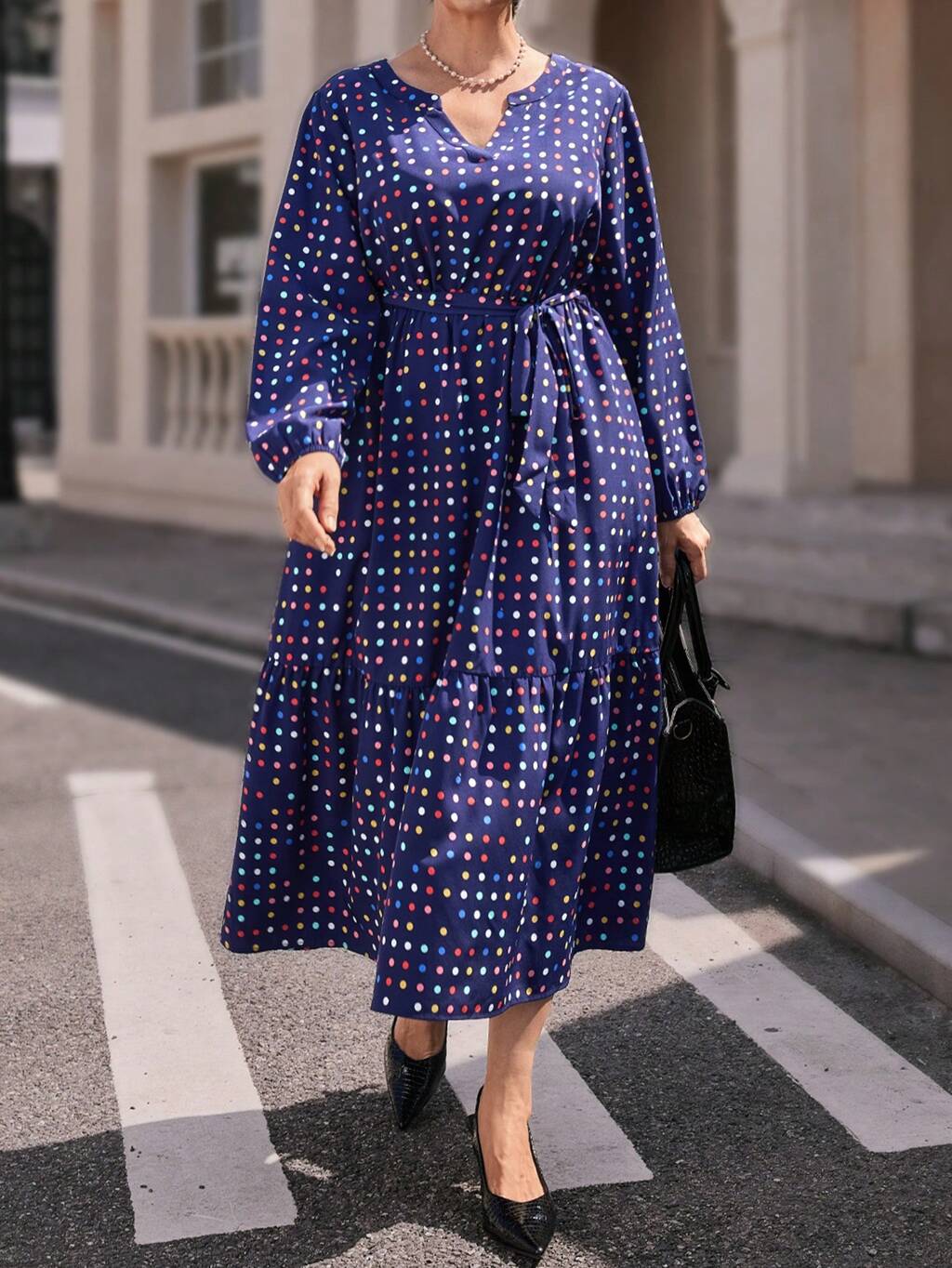Plus Size Christmas Dress Winter Dress Polka Dot Print V-Neck Elegant Long Sleeve Dress,Winter Clothes For Women
