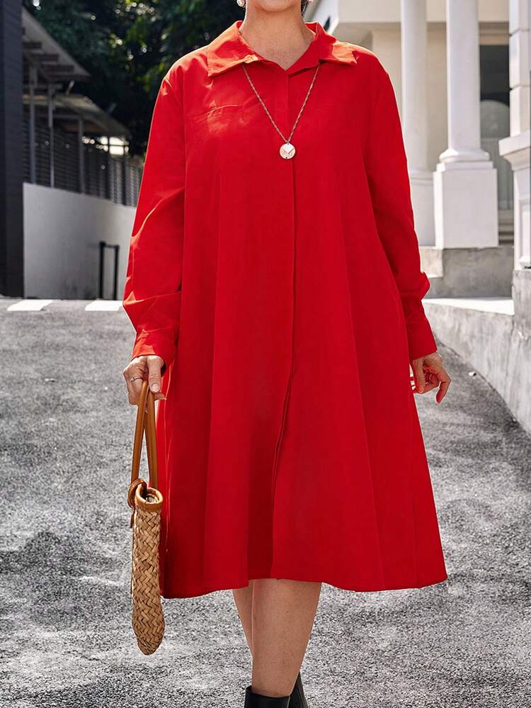 Plus Size Winter Women Red Long Sleeve Single-Breasted Casual Shirt Dress ,New Years Women Outfit