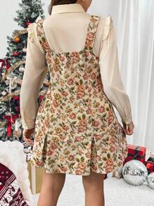 Franclia Set de 2 piezas de vestido sin mangas con estampado floral elegante y camisa de manga larga unicolor para tallas grandes, otoño