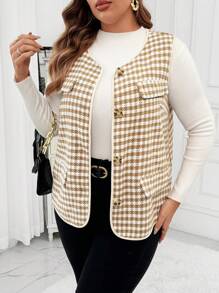 Flirla Plus Size Women Houndstooth Multi Pocket Open Front Gilet Vest, Autumn/Winter - Khaki - View 3