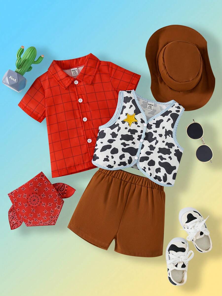 SHEIN 5pcs/Set Baby Boys Casual Vintage Cute Cow Print Vest Suit, Suitable For Outings In Spring And Summer - Multicolor - View 1