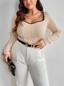 SHEIN Privé Plus Size Women Elegant And Casual Contrast Color Turtleneck Ribbed Texture Knit Long Sleeve Sweater, Autumn/Winter - Apricot - View 1