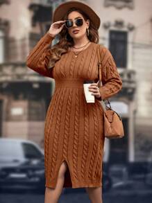 SHEIN Clasi Plus Size Solid Color Crew Neck Twist Pattern Casual Everyday Long Sleeve Sweater Dress