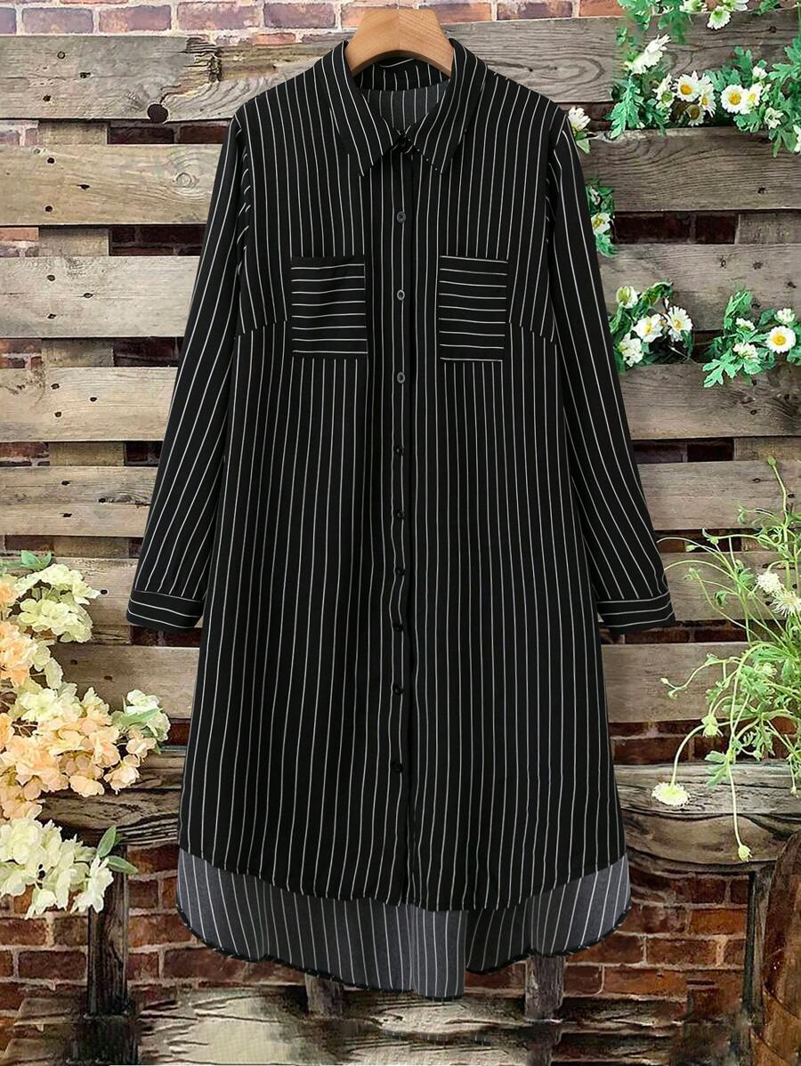 SHEIN JORESS Women Plus Size Casual Striped Pocket Shirt Dress Fall Cloth For Women - Black - View 1