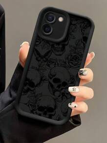 ROMWE Goth 1pc Black Rose & Skull Glitter Design Phone Case - Black - View 2