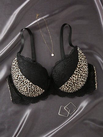 Bare Chapter Plus Size Women Leopard Print Contrast Lace Underwire Bra, Lift