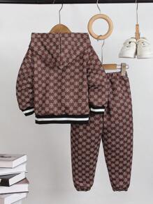 SHEIN 男童虎纹连帽运动衫搭配休闲裤，适合 4-7 岁男童秋、春、冬季的时尚服装 - 彩色 - 查看 2