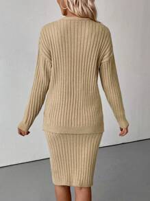 SHEIN LUNE 罗纹针织超大毛衣 & 修身罗纹针织中长连衣裙套装 - 卡其色 - 查看 2