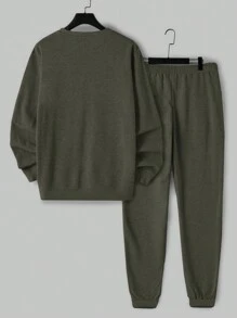 EURMUSE Men's Casual English Graphic Sweatshirt Set - Army Green - View 2