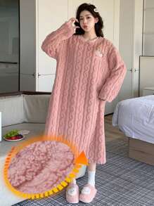 DAZY Winter Textured Flannel Thick Cute Strawberry & Mini Flower Embroidered Decorative Homewear Dress,Thermal Lined - Pink - View 1